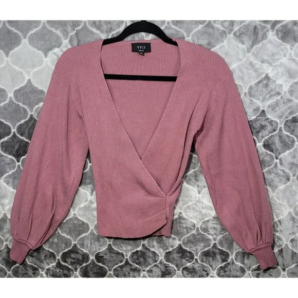 Vici Wrap Ribbed Cropped Sweater Sz S Lantern Sleeves Pink Cowgirl Core Boho - Picture 1 of 5
